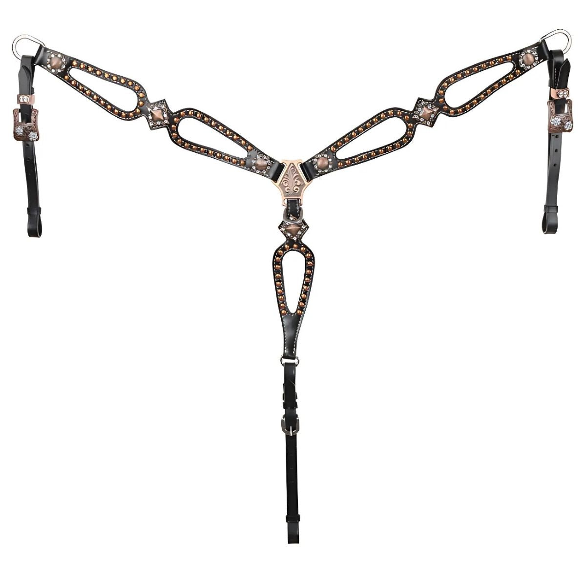 Showman ® Black leather headstall and breast collar set with copper studs and copper engraved conchos.