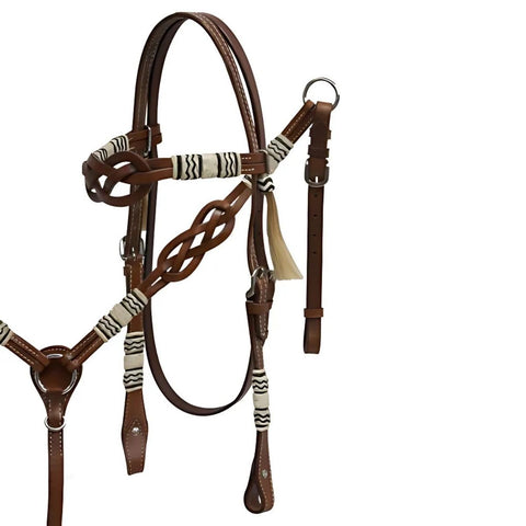 Showman ® Celtic knot headstall and breast collar set with rawhide braided accents.