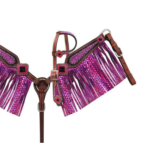 Showman ® Mini Size Purple metallic snake print headstall and breast collar set.