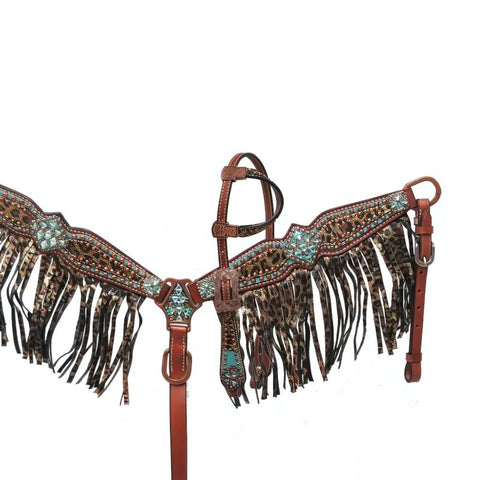 Showman® PONY SIZE Bejeweled metallic leopard print headstall and breast collar set.