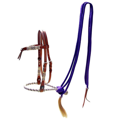 Showman ® leather futurity knot headstall with purple rawhide braided bosal and purple nylon mecate reins.