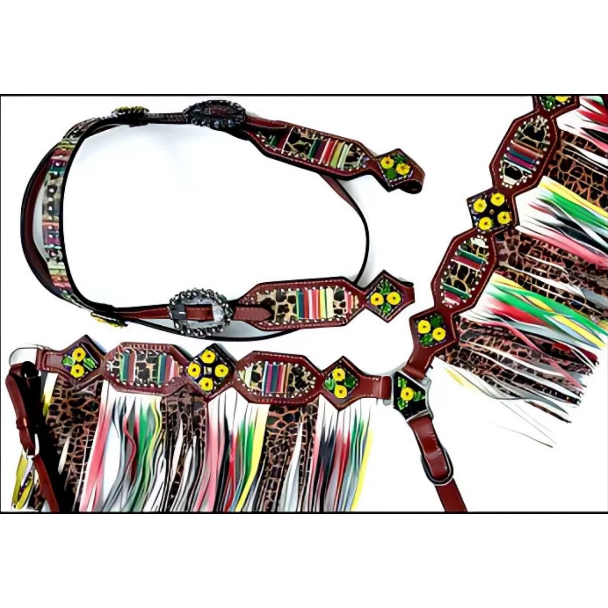 Showman ® Cheetah/ Serape print browband headstall and fringe breast collar set.