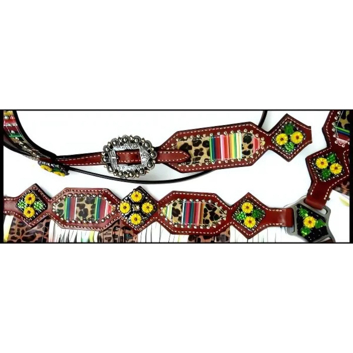 Showman ® Cheetah/ Serape print browband headstall and fringe breast collar set.