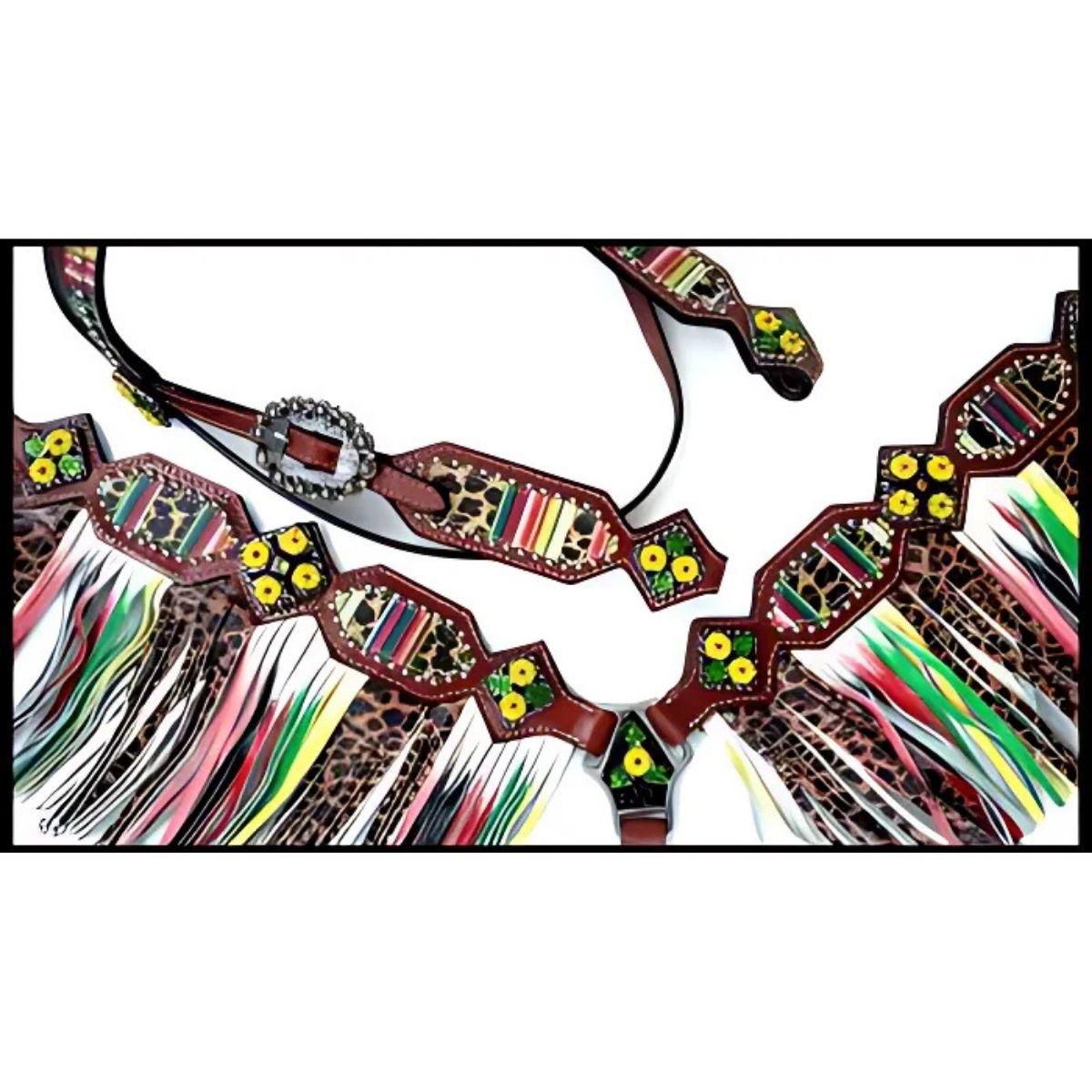 Showman ® Cheetah/ Serape print browband headstall and fringe breast collar set.