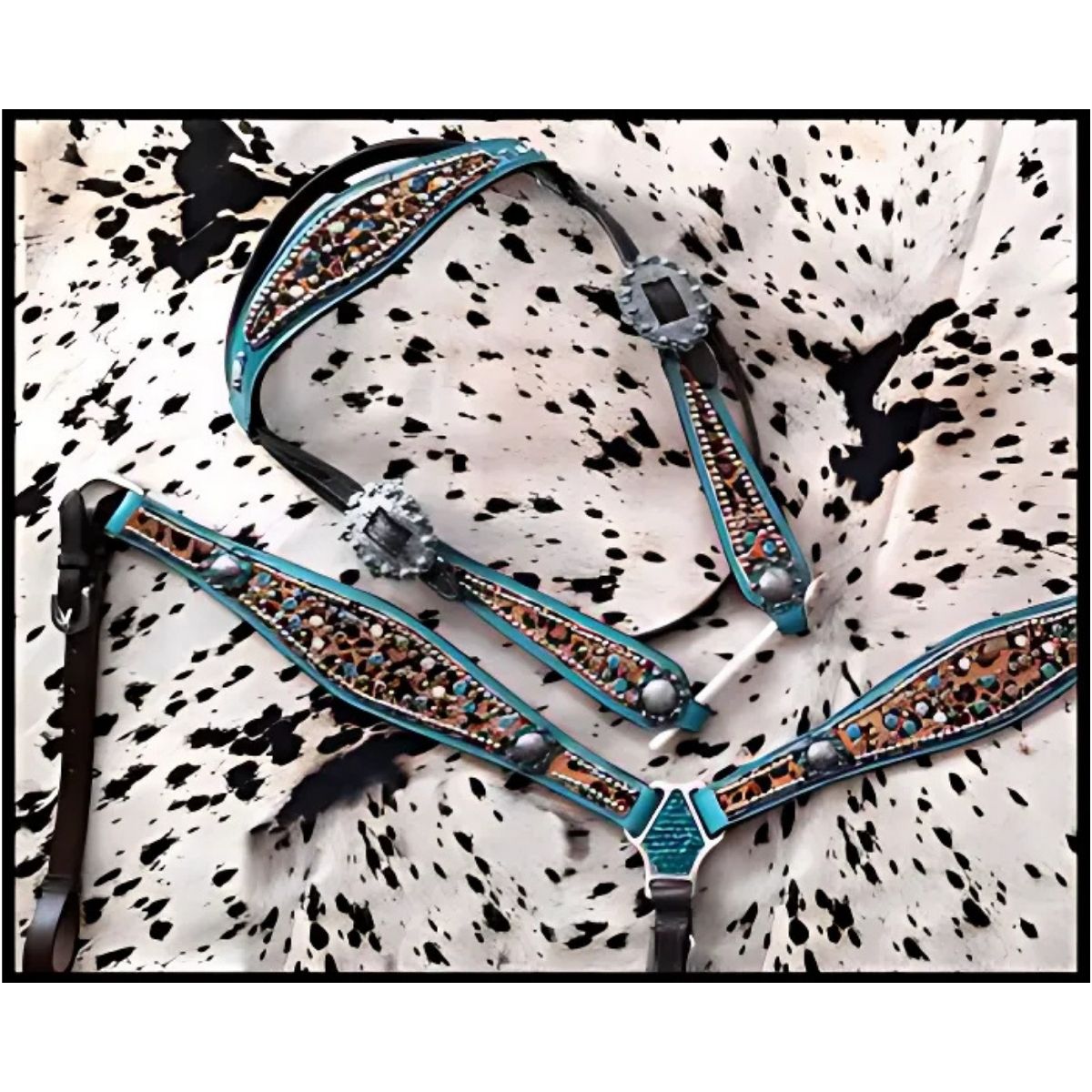 Showman ® Hair on Cheetah inlay with metallic teal accent browband headstall and breast collar