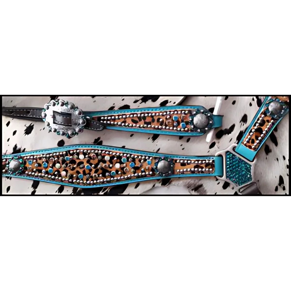 Showman ® Hair on Cheetah inlay with metallic teal accent browband headstall and breast collar