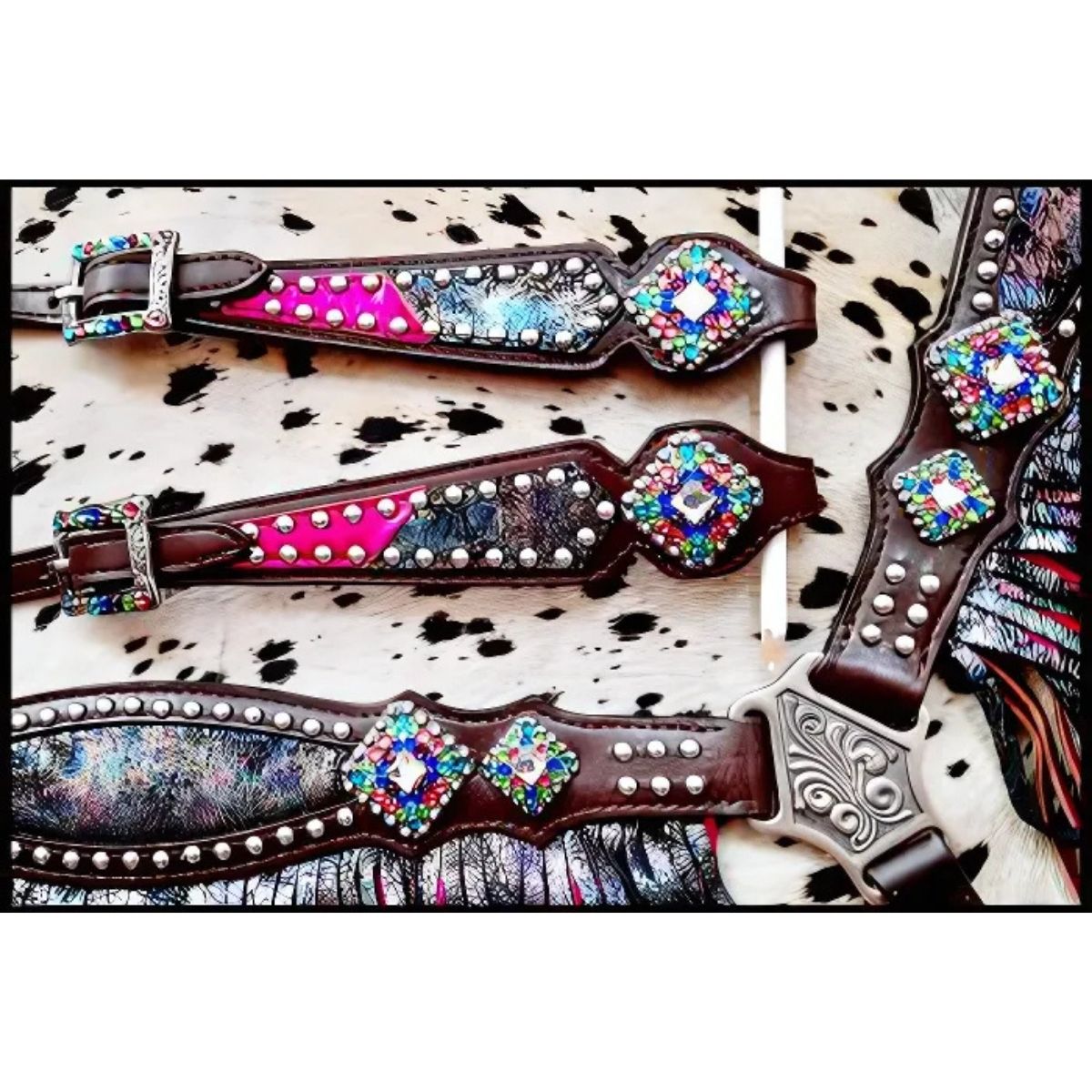 Showman ® Rainbow Inlay metallic with pink metallic accent one ear headstall and breast collar set