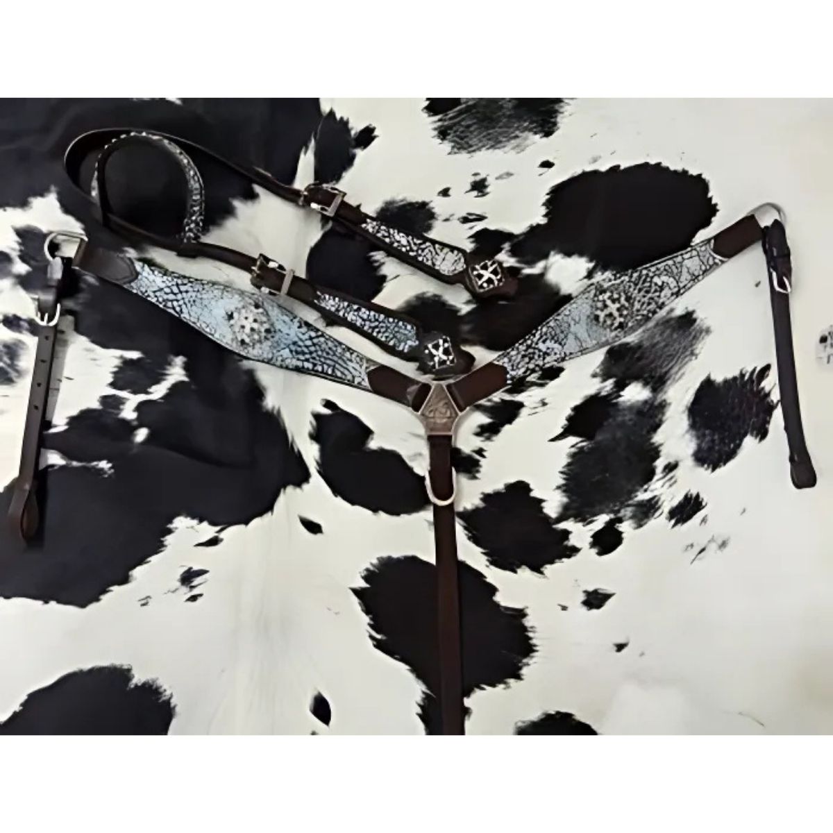 Showman ® Snakeskin print inlay one ear headstall and breast collar set with silver beading.