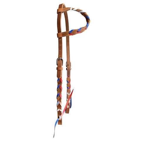 Showman ® Argentina Cow Leather one ear headstall with red, white and blue lacing.