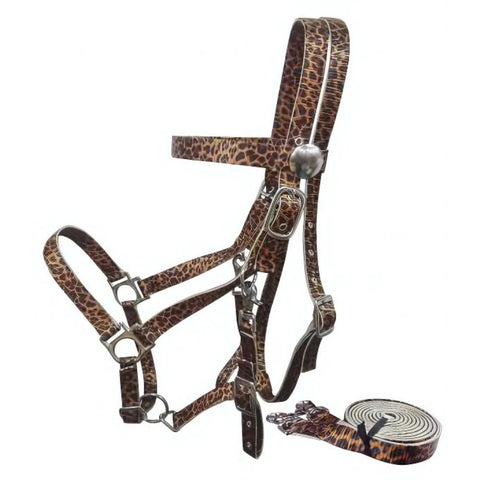 Showman ® Cheetah Nylon Premium combination halter bridle with reins.