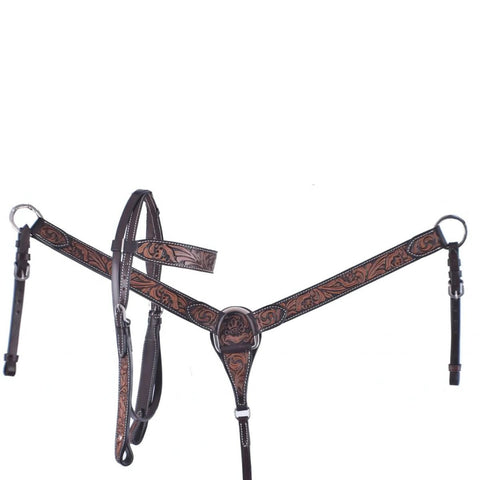 Showman ®  Dark brown leather headstall and breast collar set with floral tooling.