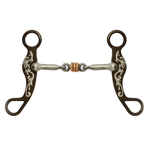 Showman ®Antique brown steel shank bit with silver overlay and a copper ring stainless steel dogbone mouth.