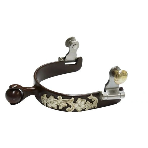 Showman ® Ladies size Brown steel roller ball spur with engraved silver.