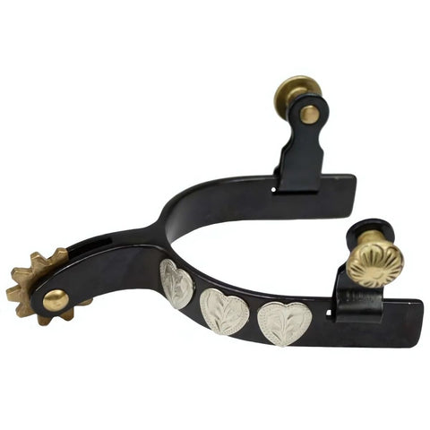 Showman® black steel silver youth size show spur with silver hearts.