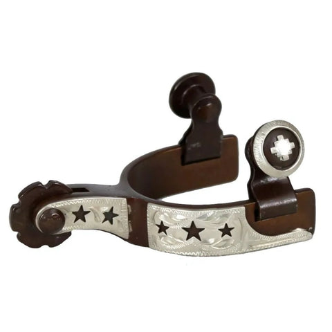 Showman® toddler size antique brown steel silver show spur with cut out stars.