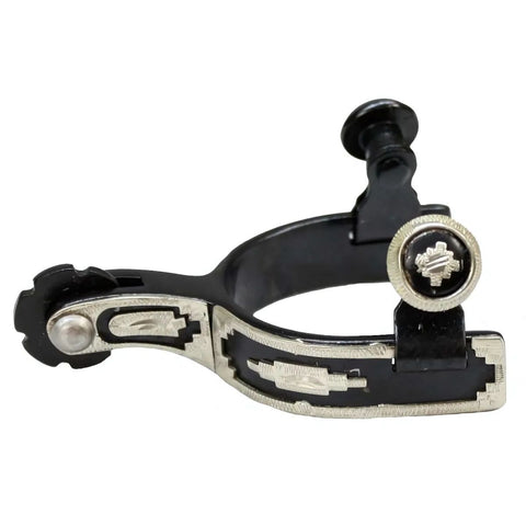 Showman® toddler size black steel show spur with engraved silver trim.