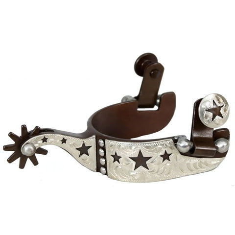 Showman® youth size antique brown steel silver show spur with cut out star and dot overlay.