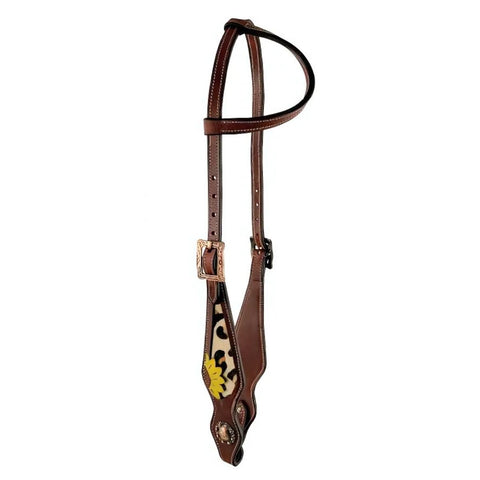 Showman ® Leather one ear headstall with hair on cheetah print and painted sunflower.