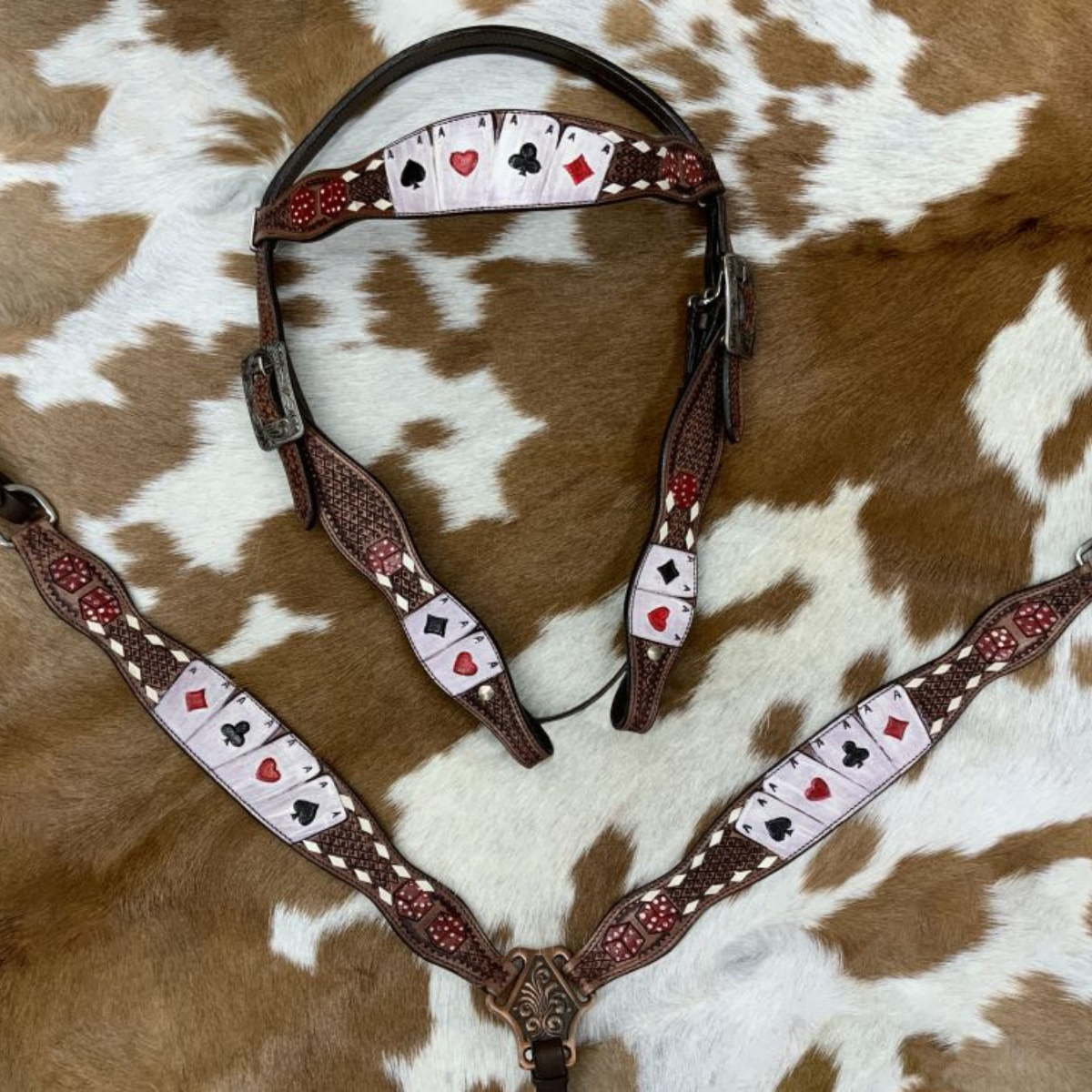 Showman Rider's Luck Tooled Leather Browband Headstall and Breast Collar Set - The Saddle Barn