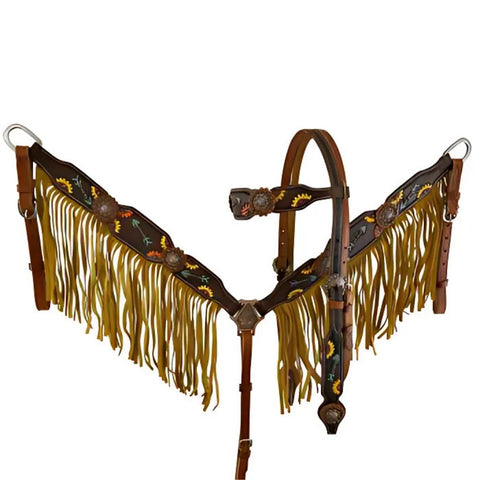 Showman ® Hand Painted Sunflower & Arrow design Browband Headstall and Breast collar Set with Fringe.