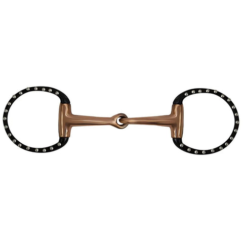 Showman ® eggbutt style bit with black steel 3.25" ring cheeks with silver dots.