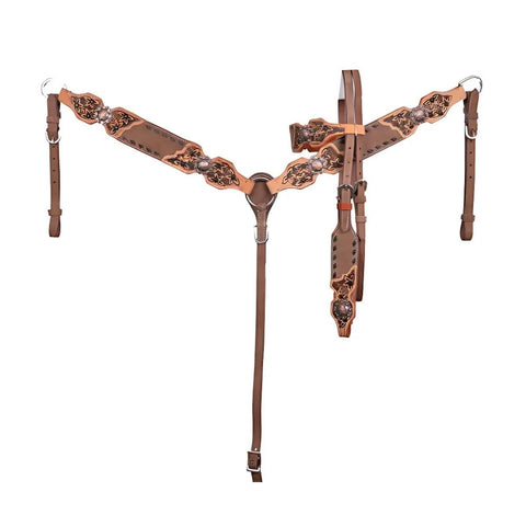 Showman ® Chocolate Oiled Browband Headstall and Breast Collar Set with buck stitch & Flower Tooling.