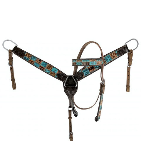 Showman ® Teal Gator patchwork Browband Headstall & Breast collar set.