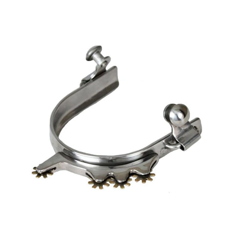 Showman ® stainless steel humane rowel bumper spur with 4 brass rowels in sideways position.